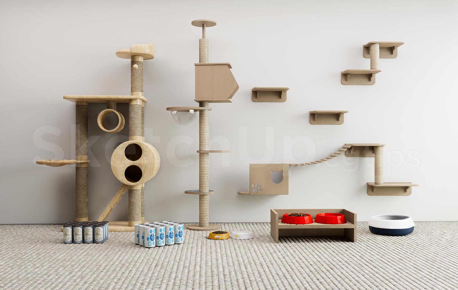 Wooden Cat Tree with Wall Shelves