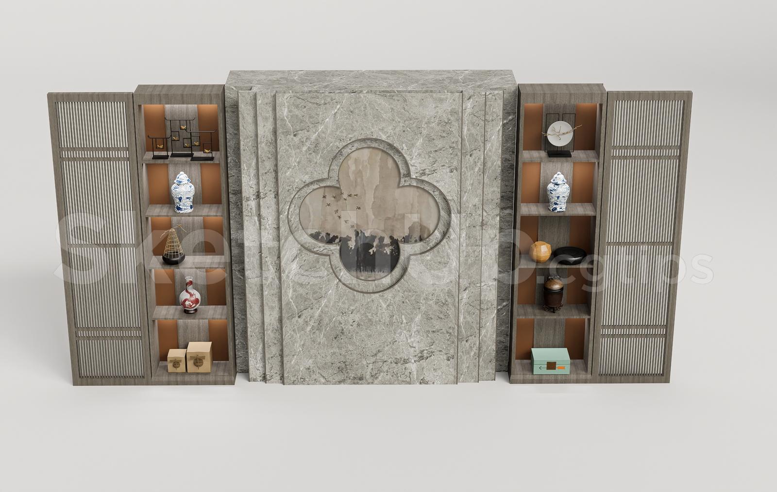 Modern Marble Feature Wall with Display Cabinets