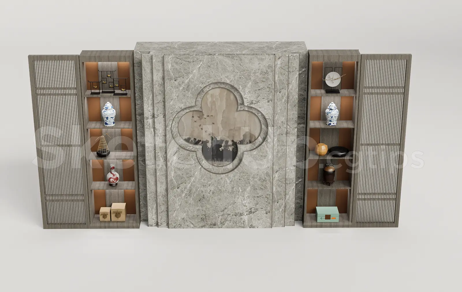 Modern Marble Feature Wall with Display Cabinets