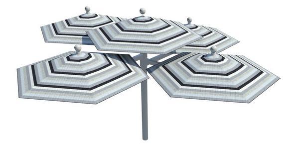Set of 5 patio umbrellas attached to a single pole