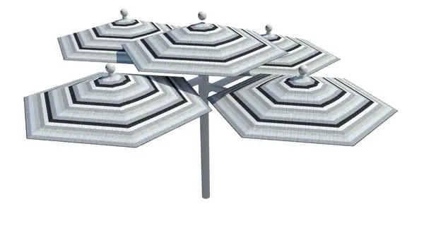 Set of 5 patio umbrellas attached to a single pole