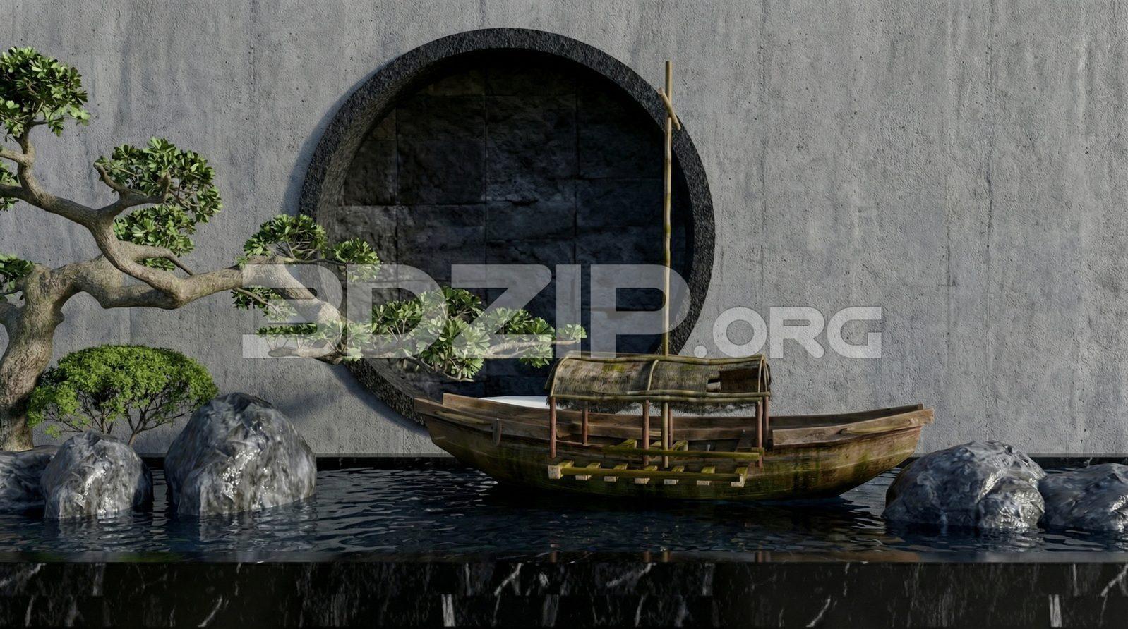 Japanese Zen Garden Scene with Wooden Boat – Realistic Exterior Render