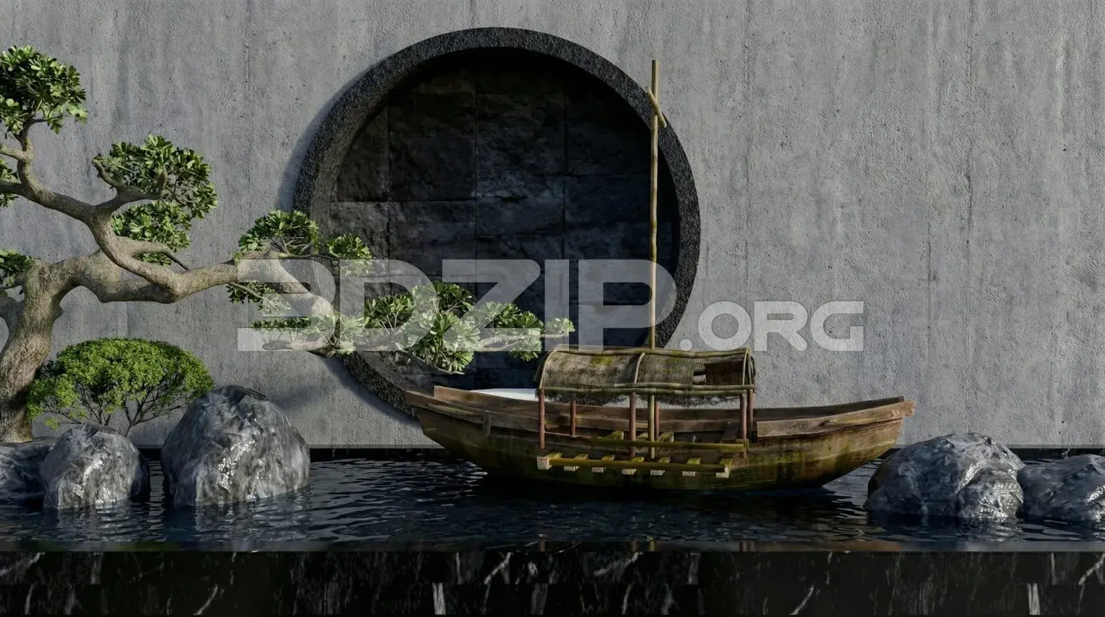 Japanese Zen Garden Scene with Wooden Boat – Realistic Exterior Render