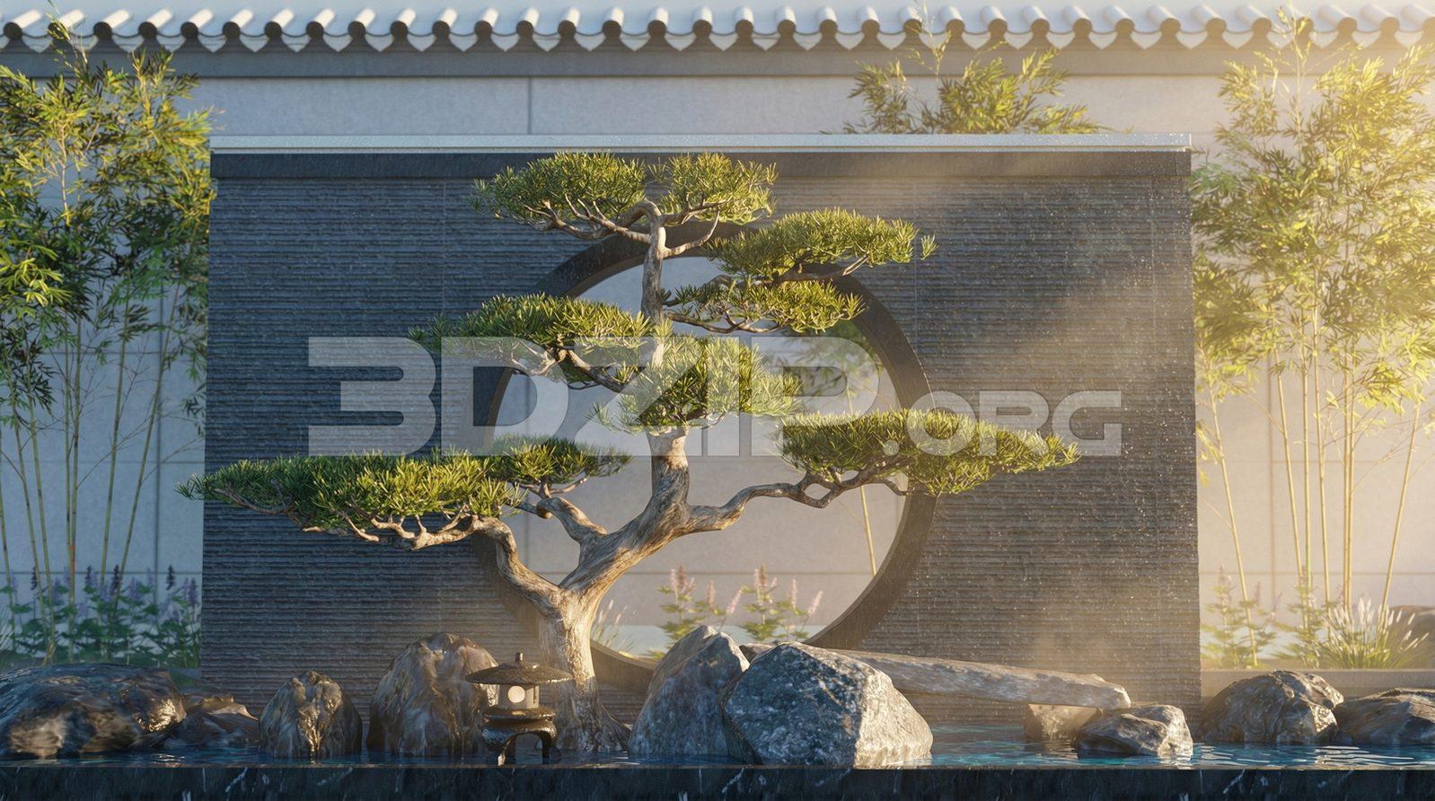 Exterior Visualization – Minimalist Zen Garden with Bonsai and Reflective Water