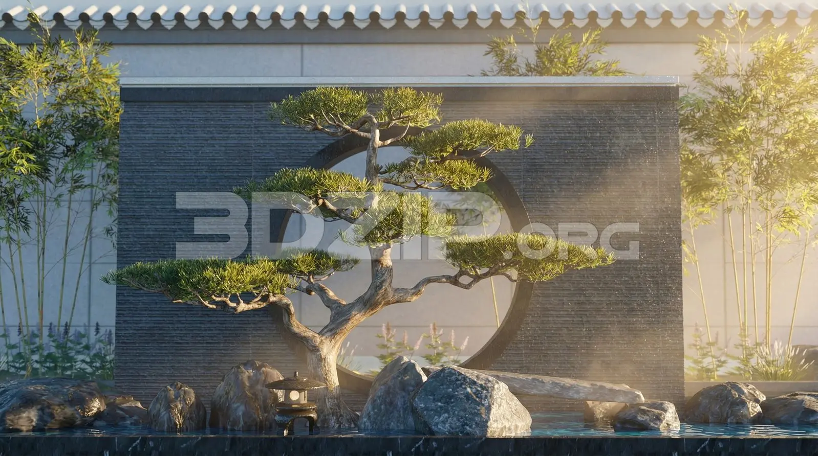 Exterior Visualization – Minimalist Zen Garden with Bonsai and Reflective Water
