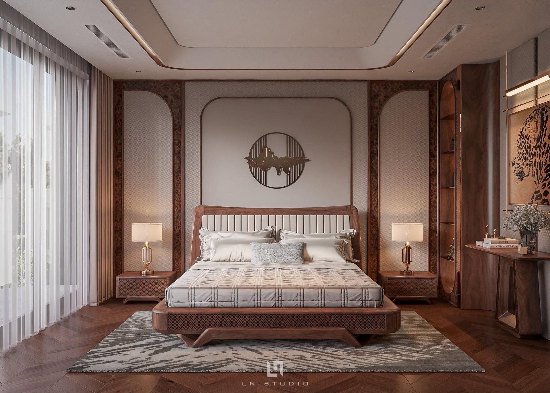 Luxury Walnut Wood Bedroom Interior Scene