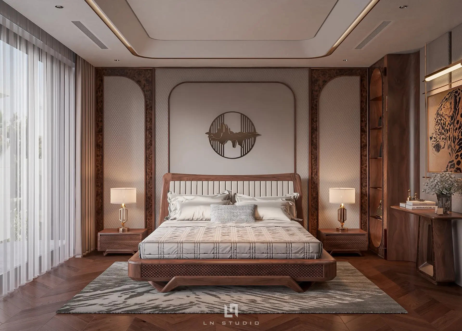 Luxury Walnut Wood Bedroom Interior Scene