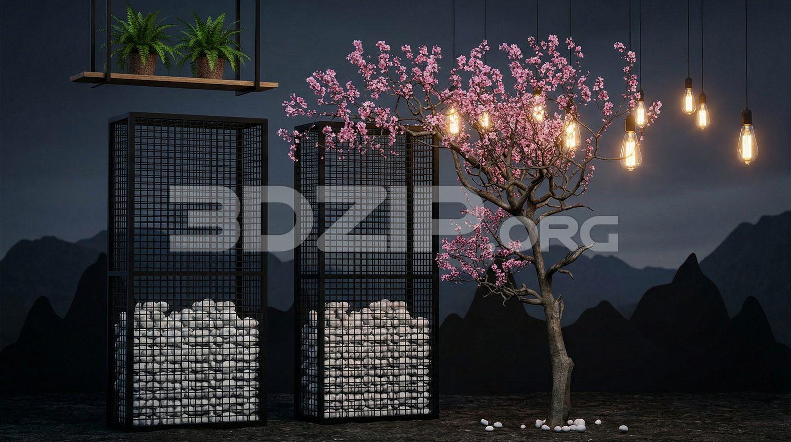 Contemporary Zen Garden Interior with Sakura Tree Render Design