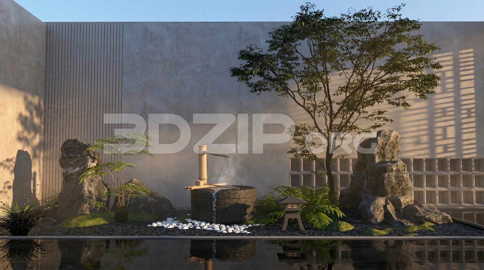 Minimal Japanese Zen Garden Landscape Exterior 3D Model