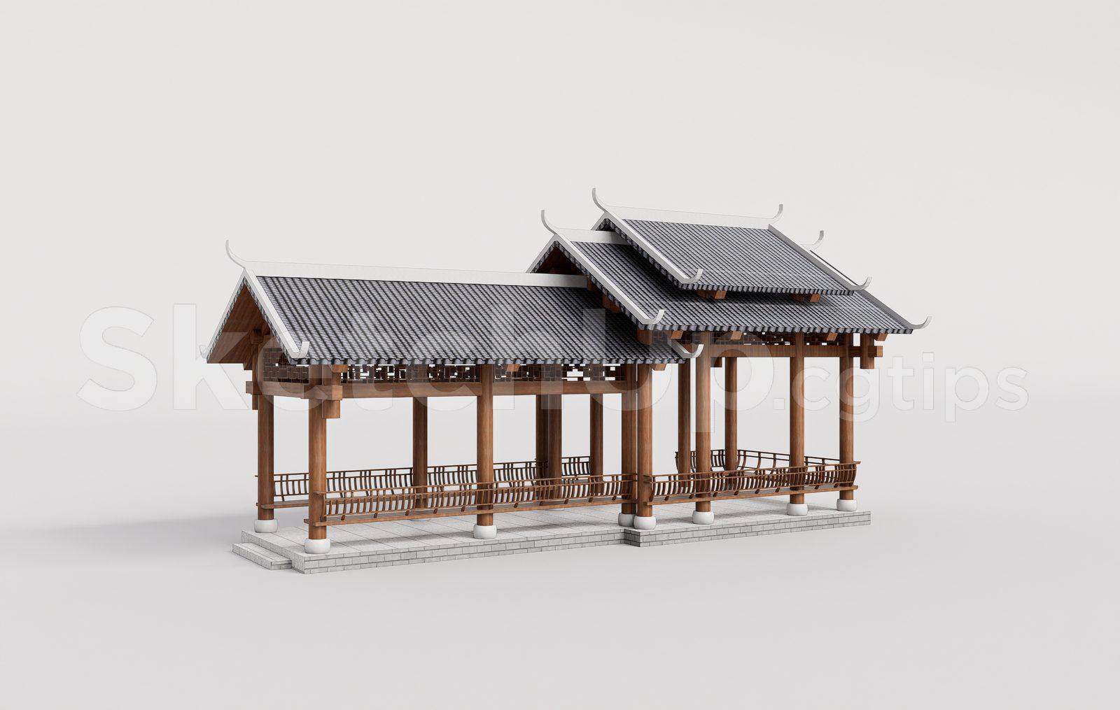 Traditional Wooden Pavilion with Tiled Roof