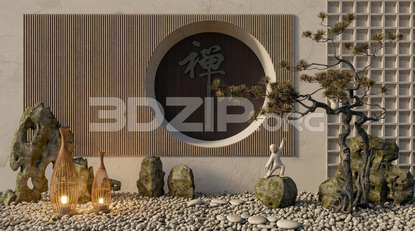 Modern Japanese Zen Garden Design with Moon Gate – Visualization