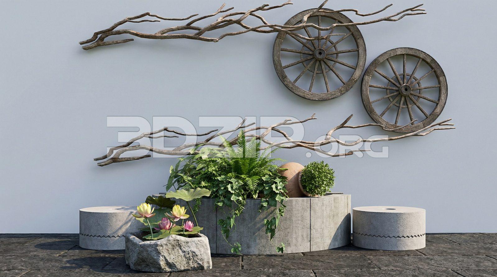 Modern Garden Wall Decor with Wooden Wheels and Concrete Planters Render