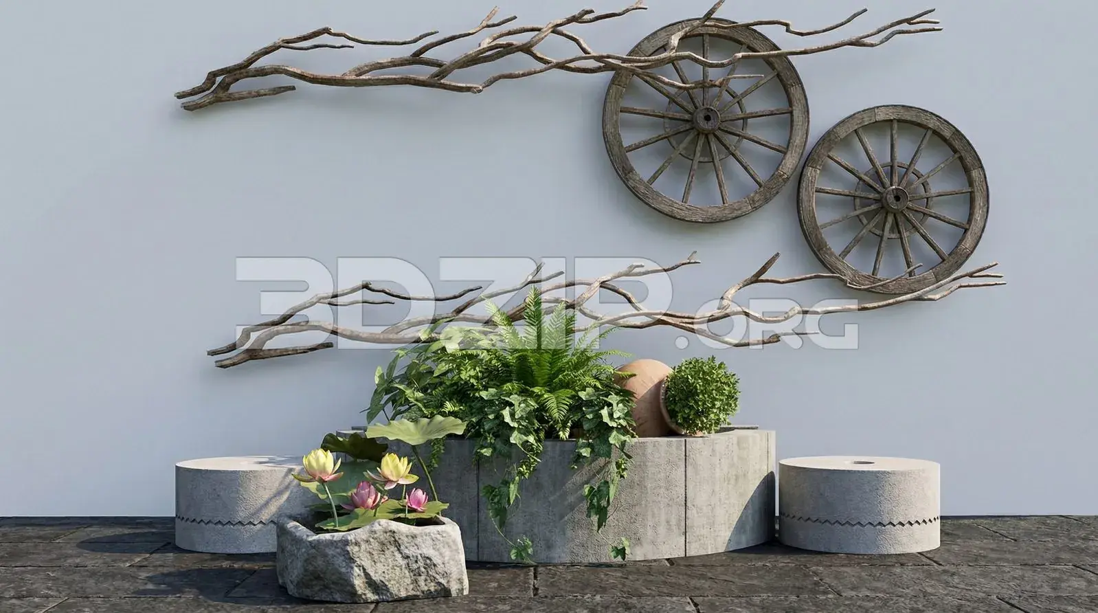 Modern Garden Wall Decor with Wooden Wheels and Concrete Planters Render