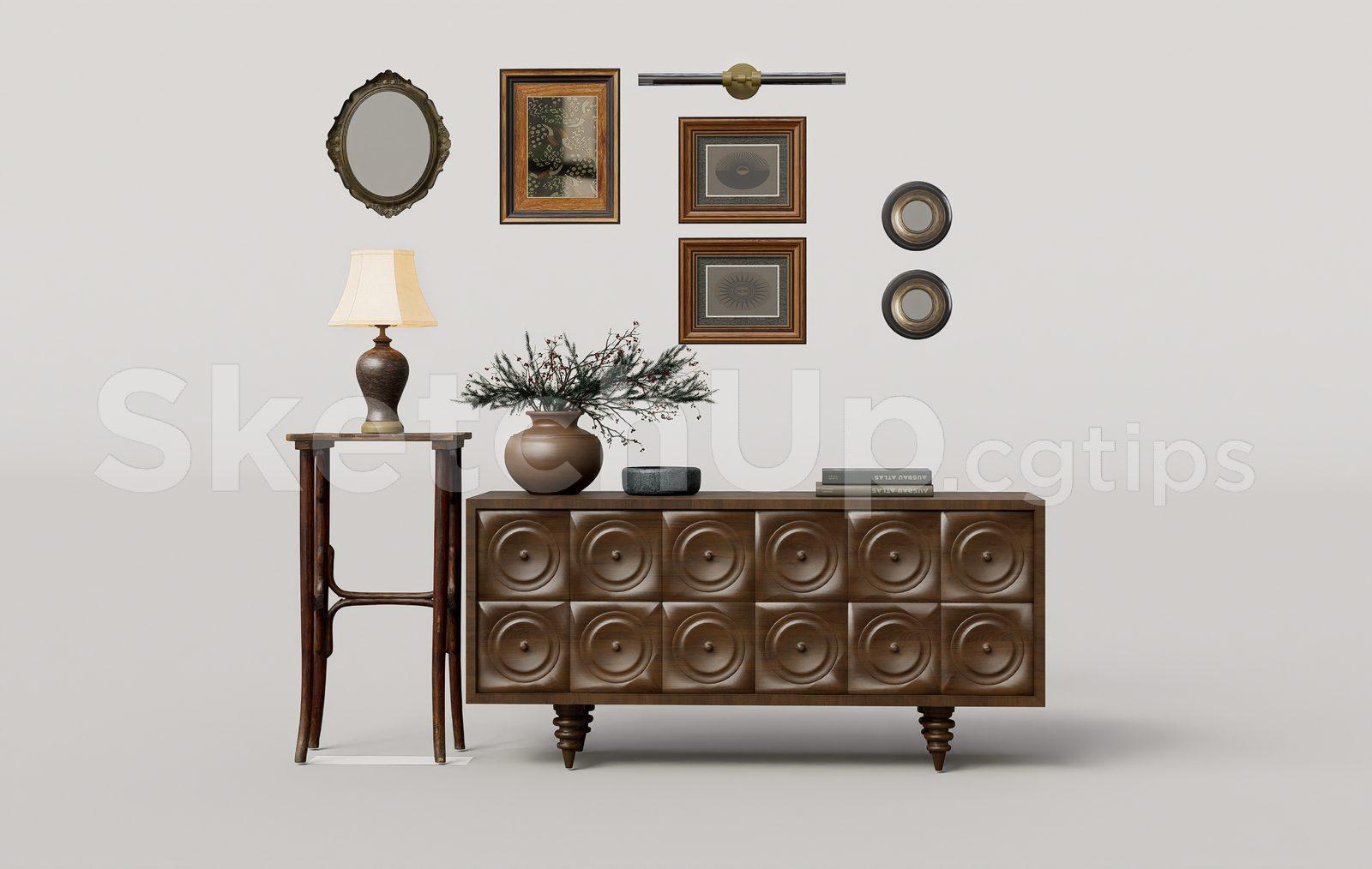Ornate Wooden Sideboard with 3D Concentric Circle Carvings