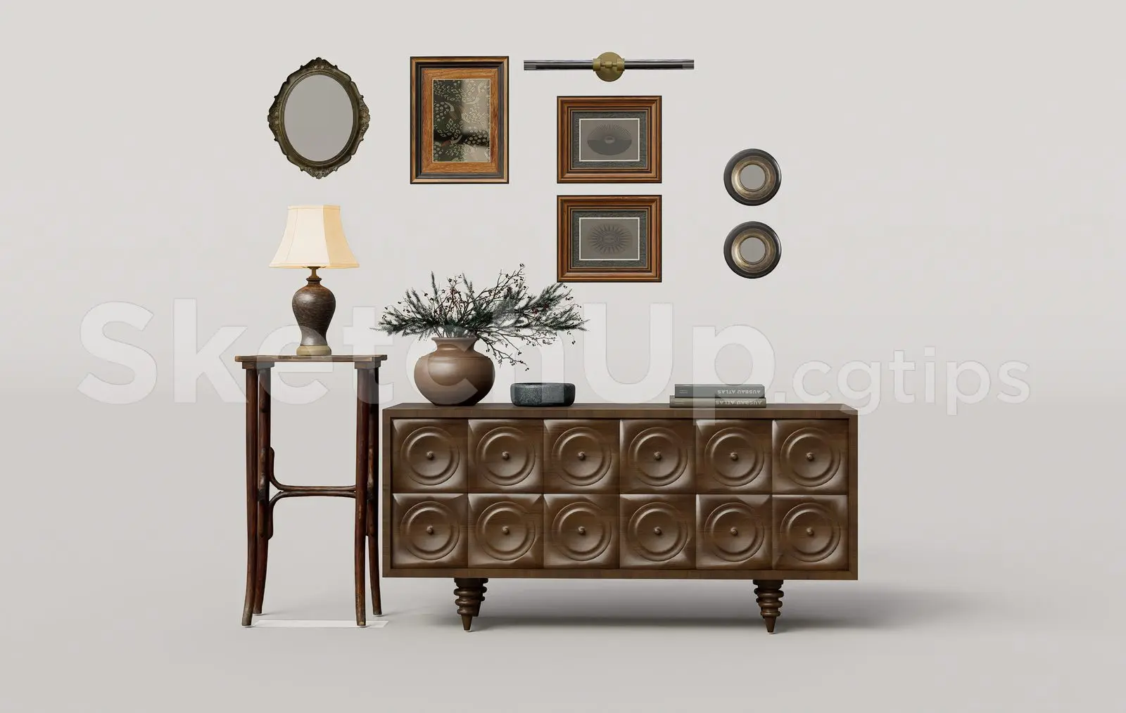 Ornate Wooden Sideboard with 3D Concentric Circle Carvings