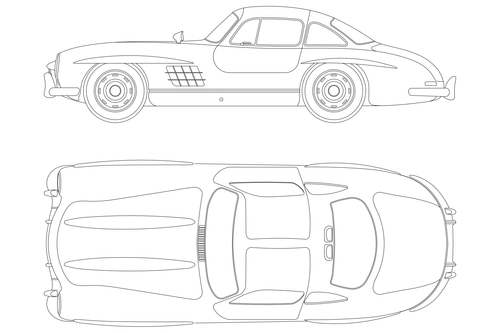 Mercedes-Benz 300SL (1955) car top view, dimensions