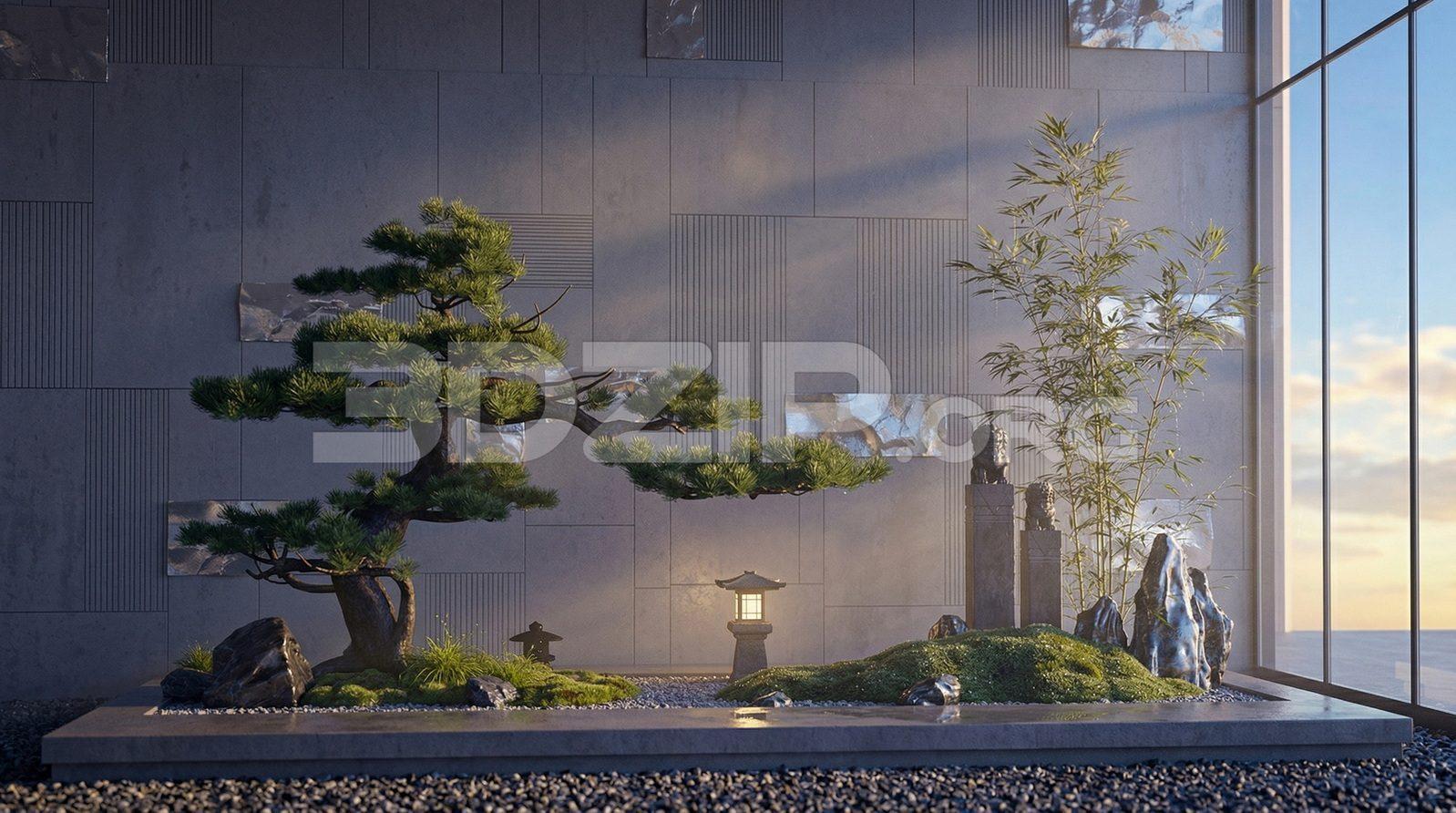 Japanese Zen Garden Interior Scene – Bonsai & Minimal Architecture Render