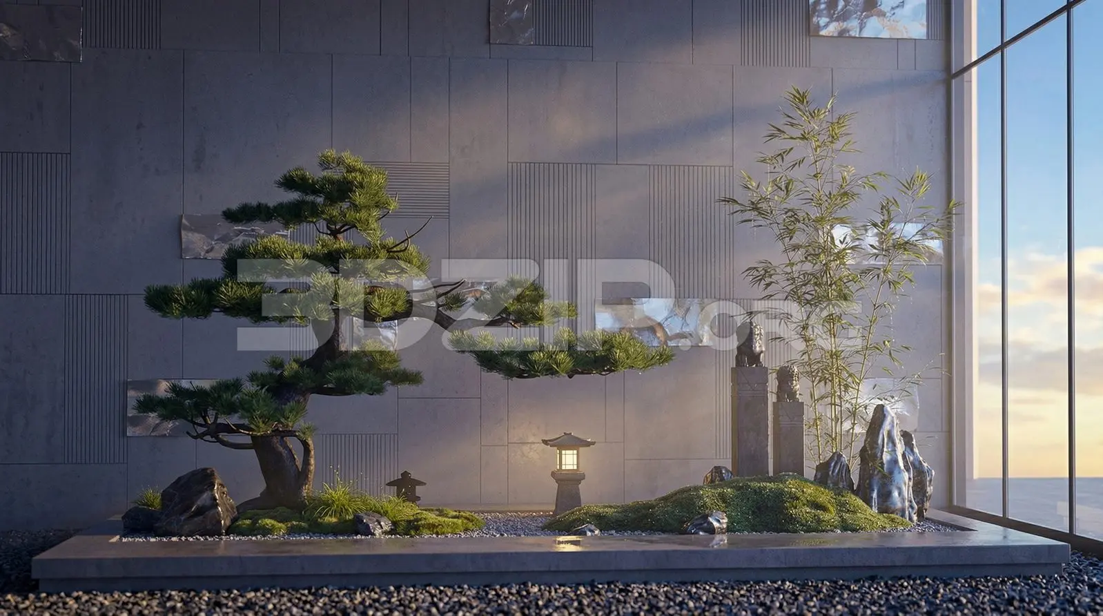 Japanese Zen Garden Interior Scene – Bonsai & Minimal Architecture Render
