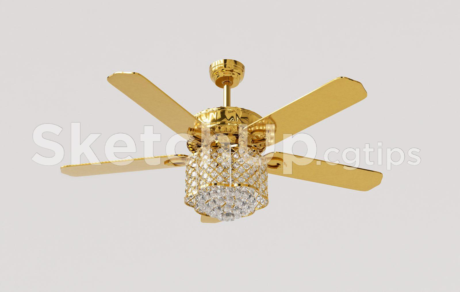 Modern Crystal Ceiling Fan Lamp – Elegant Gold Fan SketchUp Design