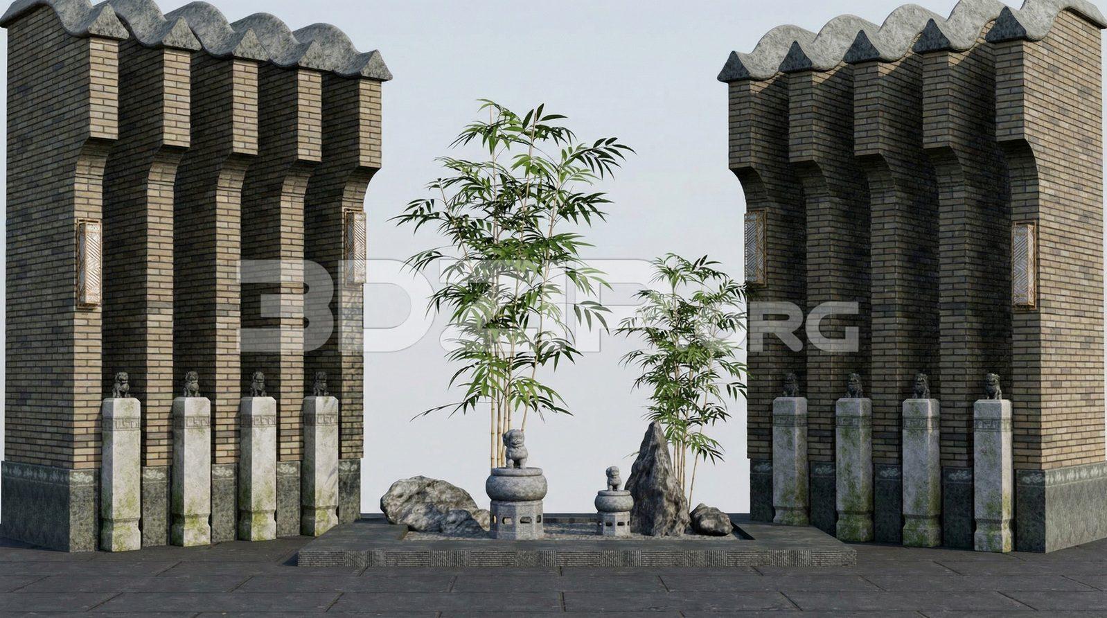 Traditional Asian Gate Architecture with Zen Garden – Render