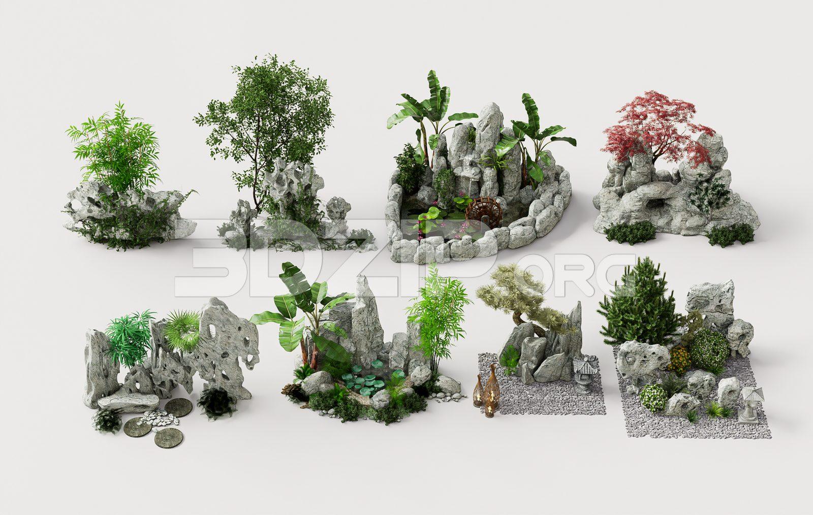 Zen Garden 3D Model – Decorative Stone, Water and Bonsai Tree