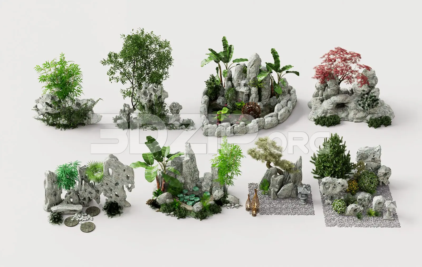 Zen Garden 3D Model – Decorative Stone, Water and Bonsai Tree — preview 1 (3dzip)