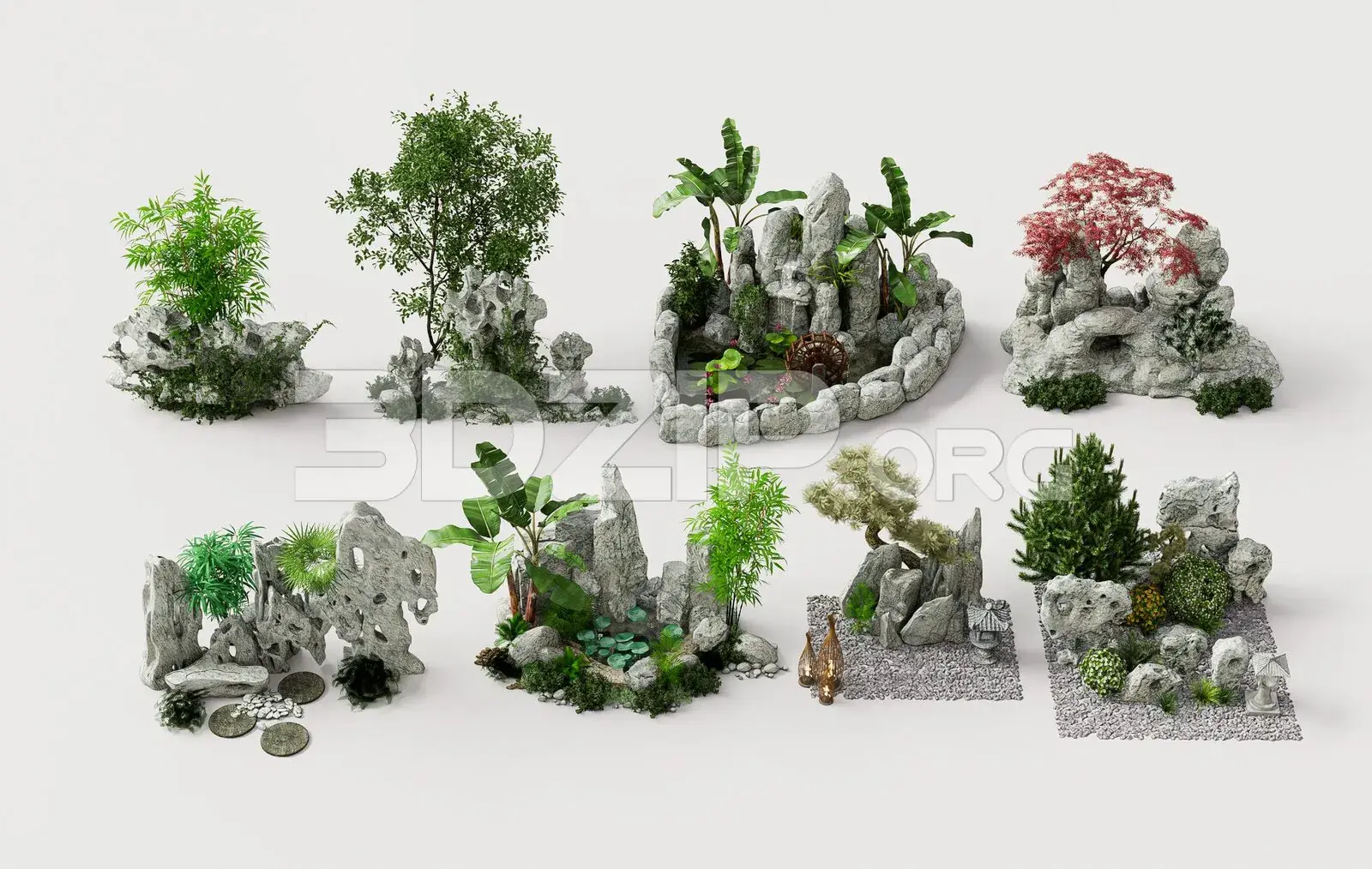 Zen Garden 3D Model – Decorative Stone, Water and Bonsai Tree