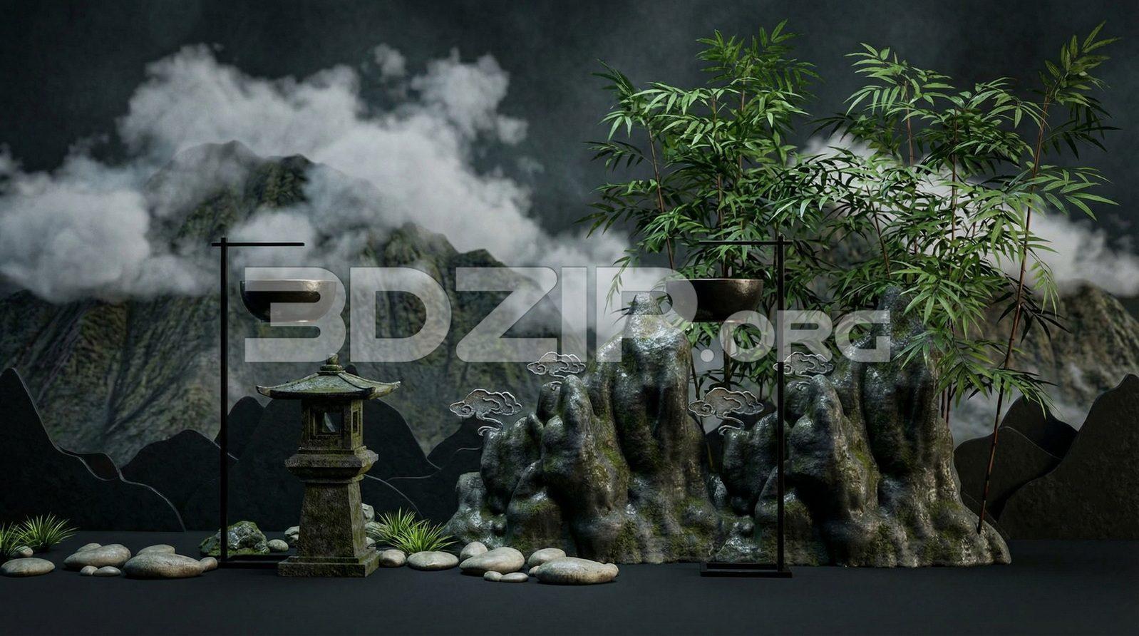 Japanese Zen Garden 3D Model in Bamboo Plants, Rocks & Foggy Landscape