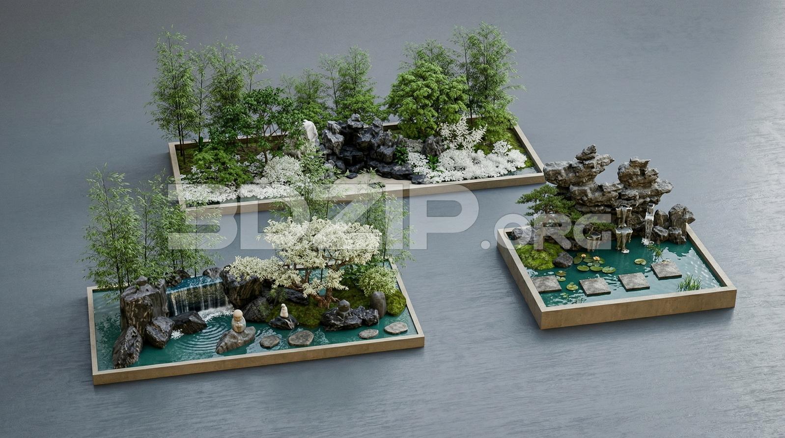 Asian Style Rock Garden with Pond and Waterfall Landscape Visualization