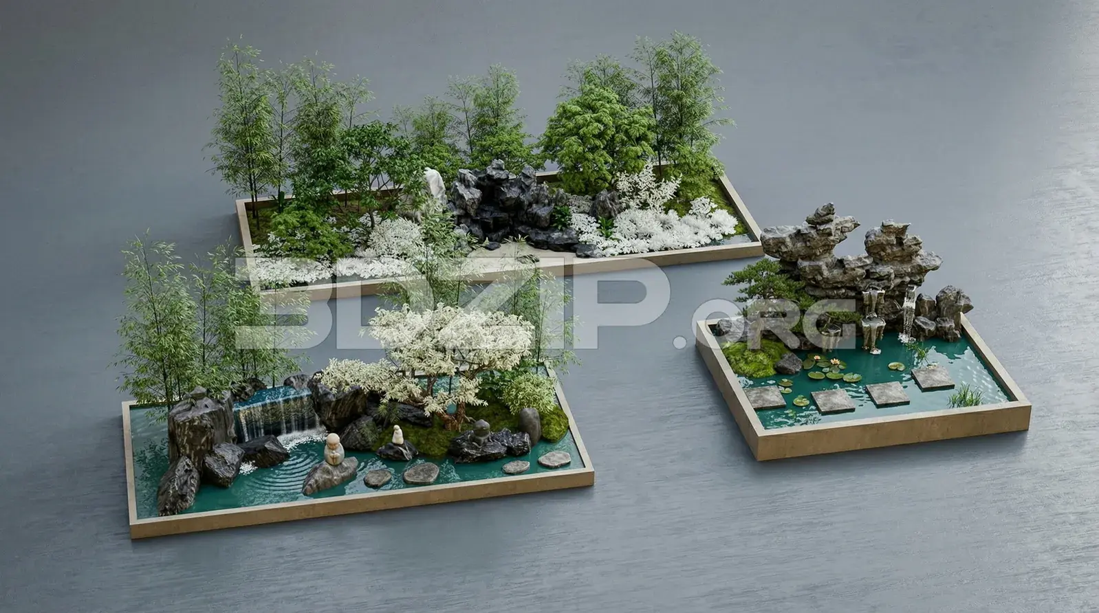 Asian Style Rock Garden with Pond and Waterfall Landscape Visualization