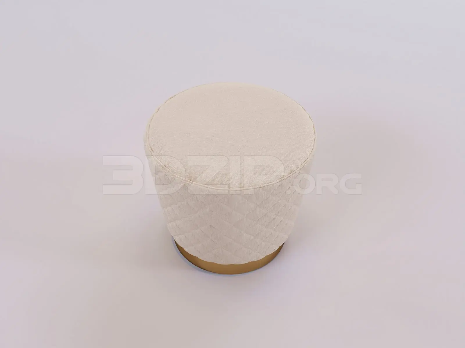 Contemporary Cream Fabric Quilted Round Stool with Gold Base — high-angle view of a cream quilted round stool with gold base