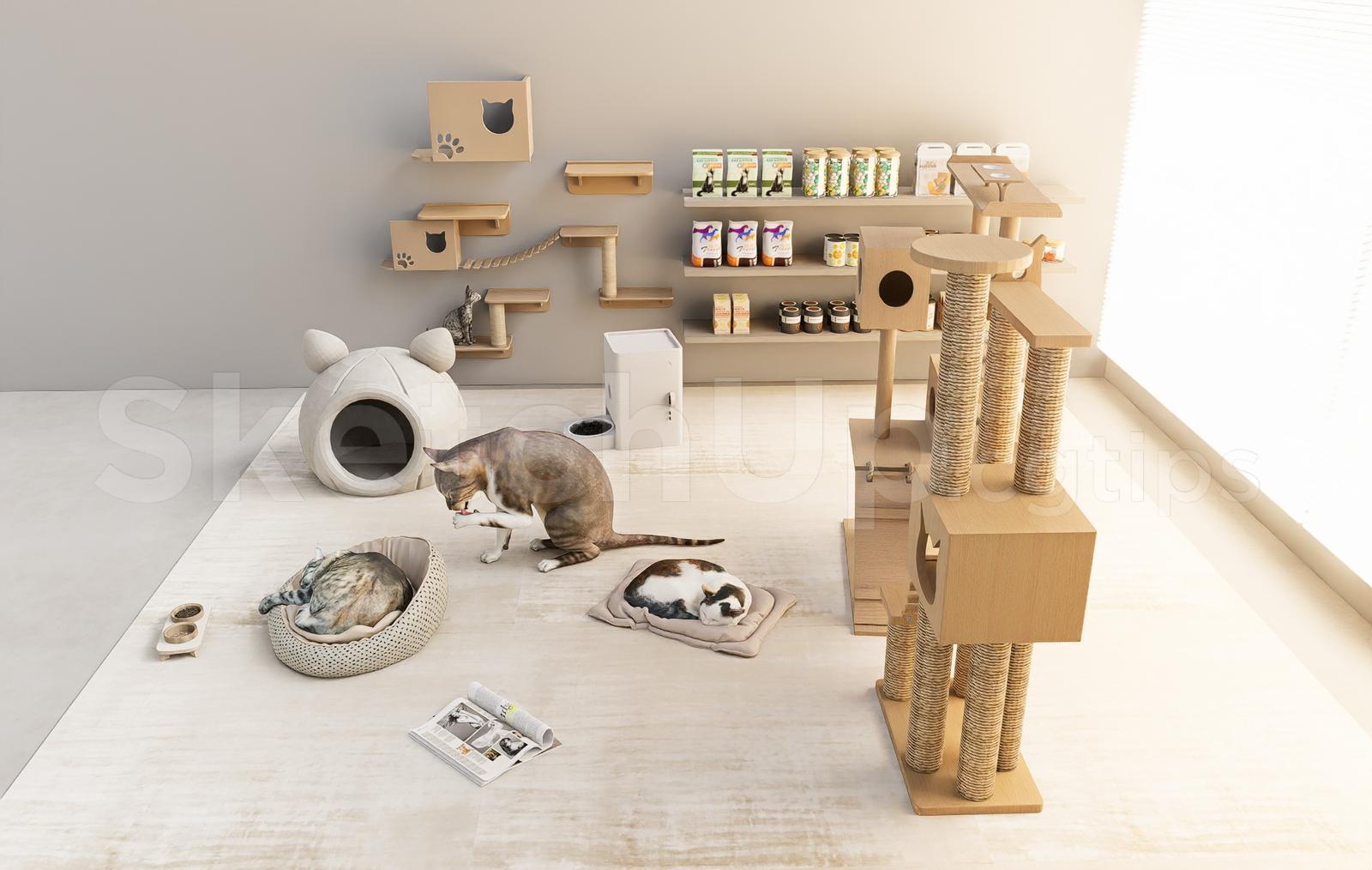 Modern Cat Room Interior with Tree and Wall Shelves