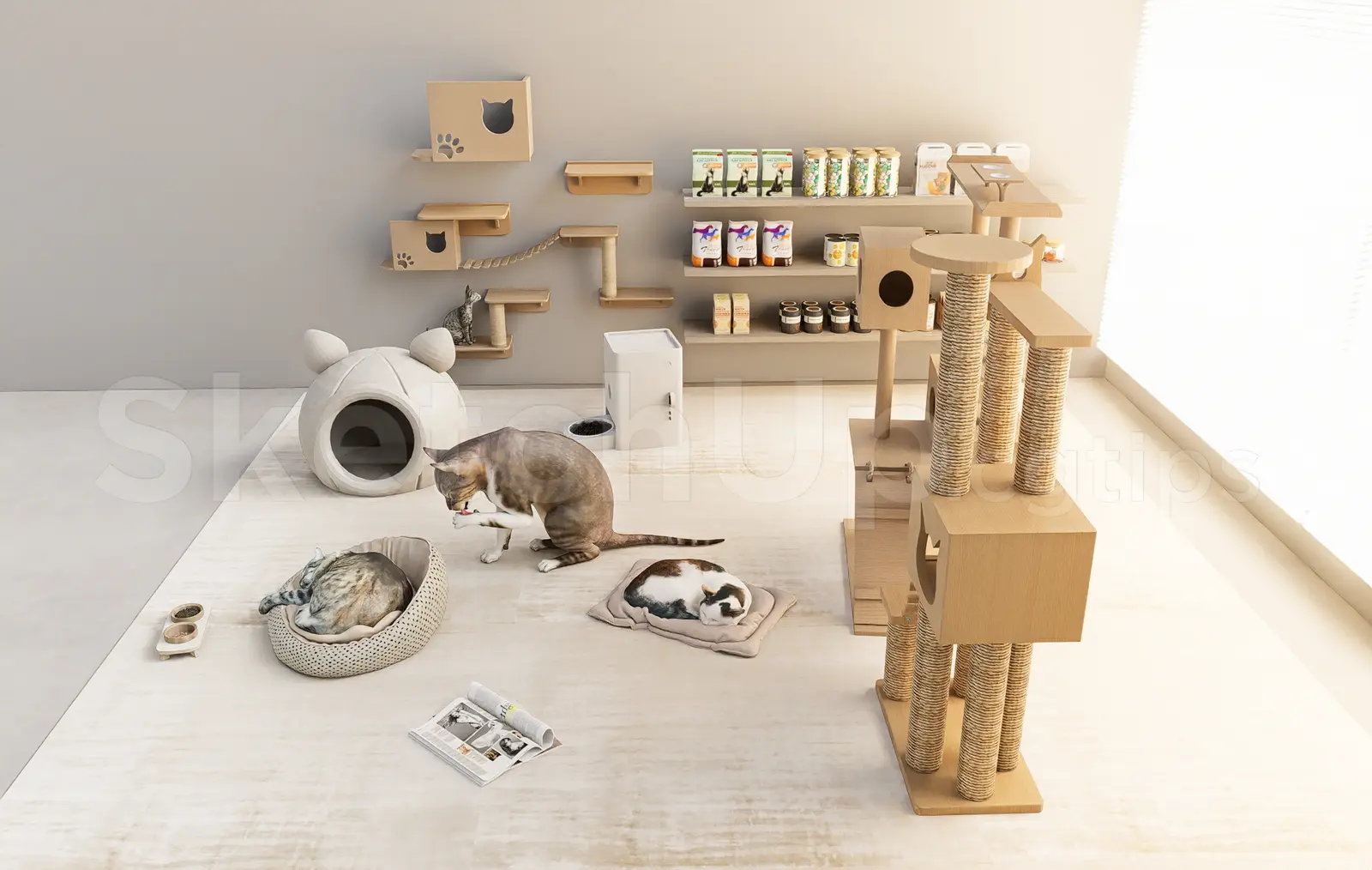 Modern Cat Room Interior with Tree and Wall Shelves — preview 1 (cgtips, CC0)