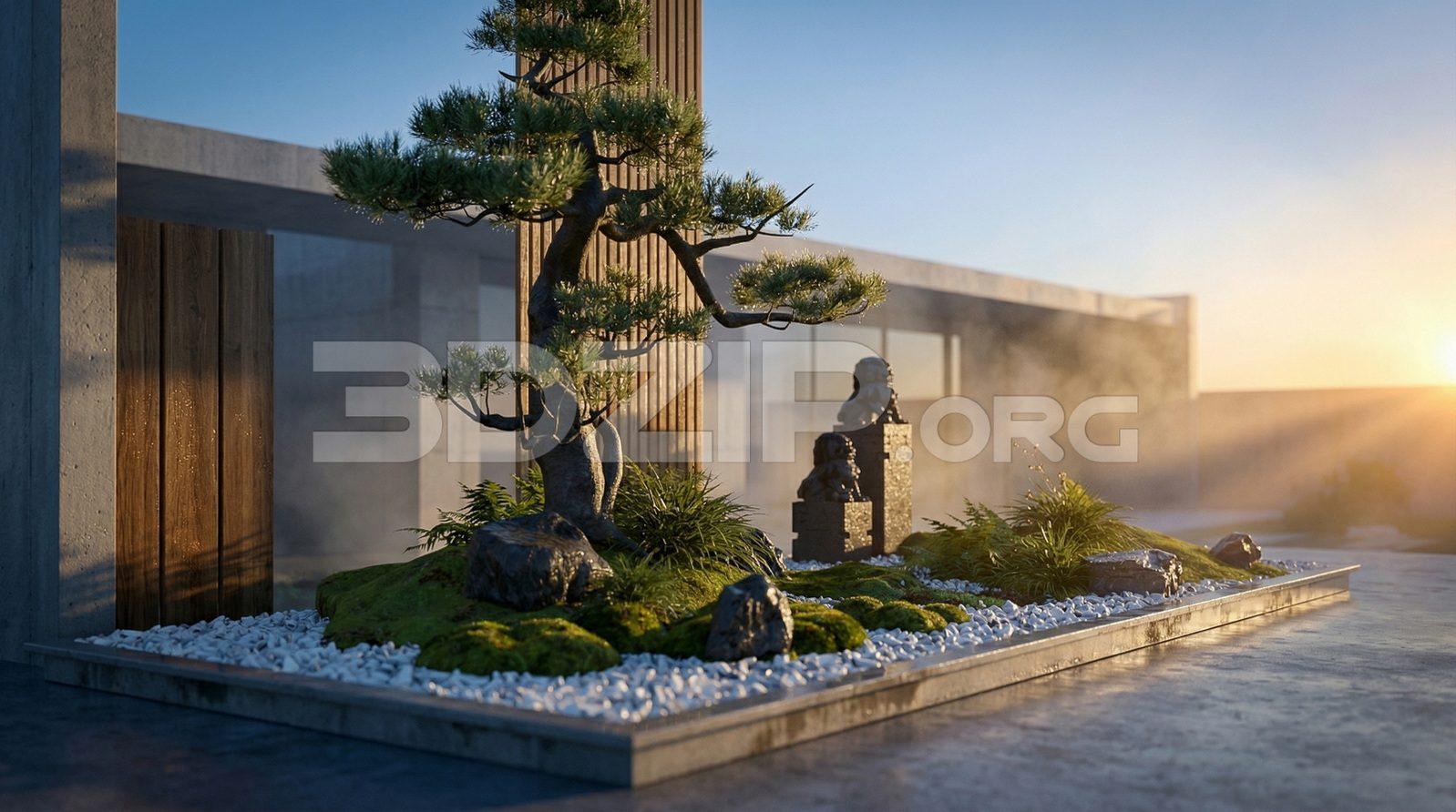 Japanese Zen Garden Courtyard Scene – Bonsai Tree & Stone Landscape Render