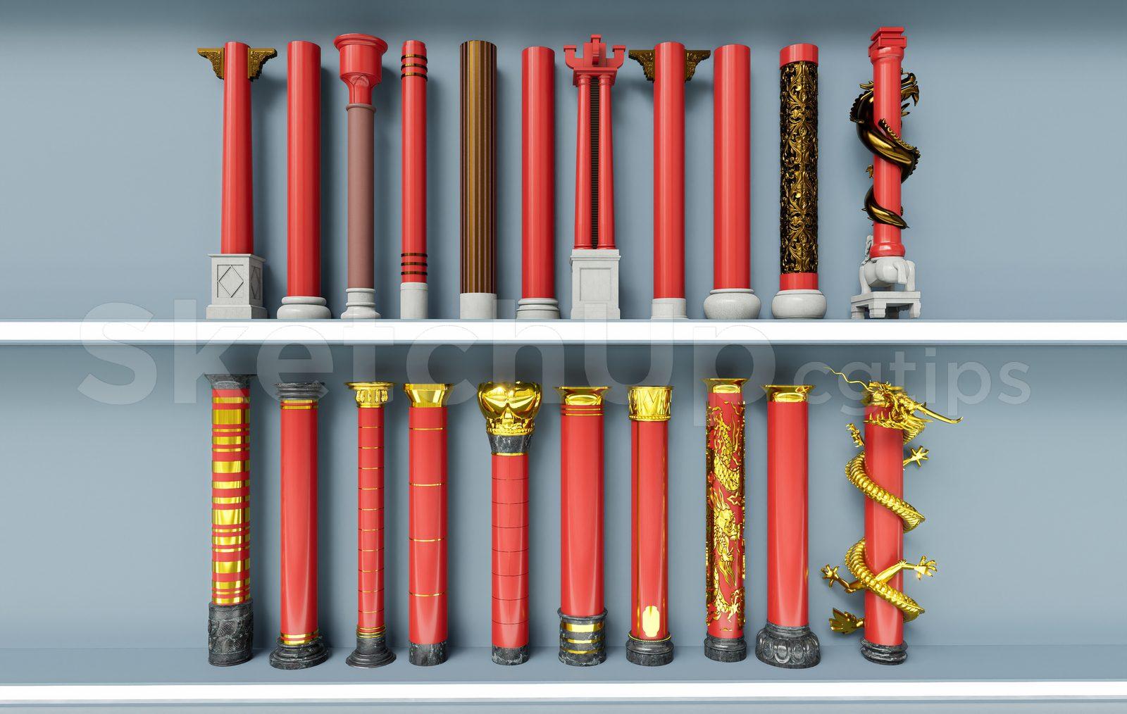 Realistic 3D Dragon Pillars and Traditional Wooden Columns Set