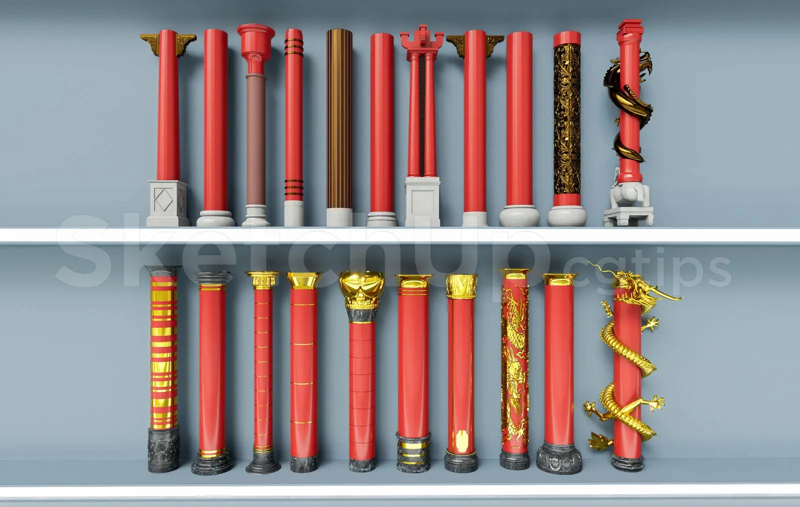 Realistic 3D Dragon Pillars and Traditional Wooden Columns Set