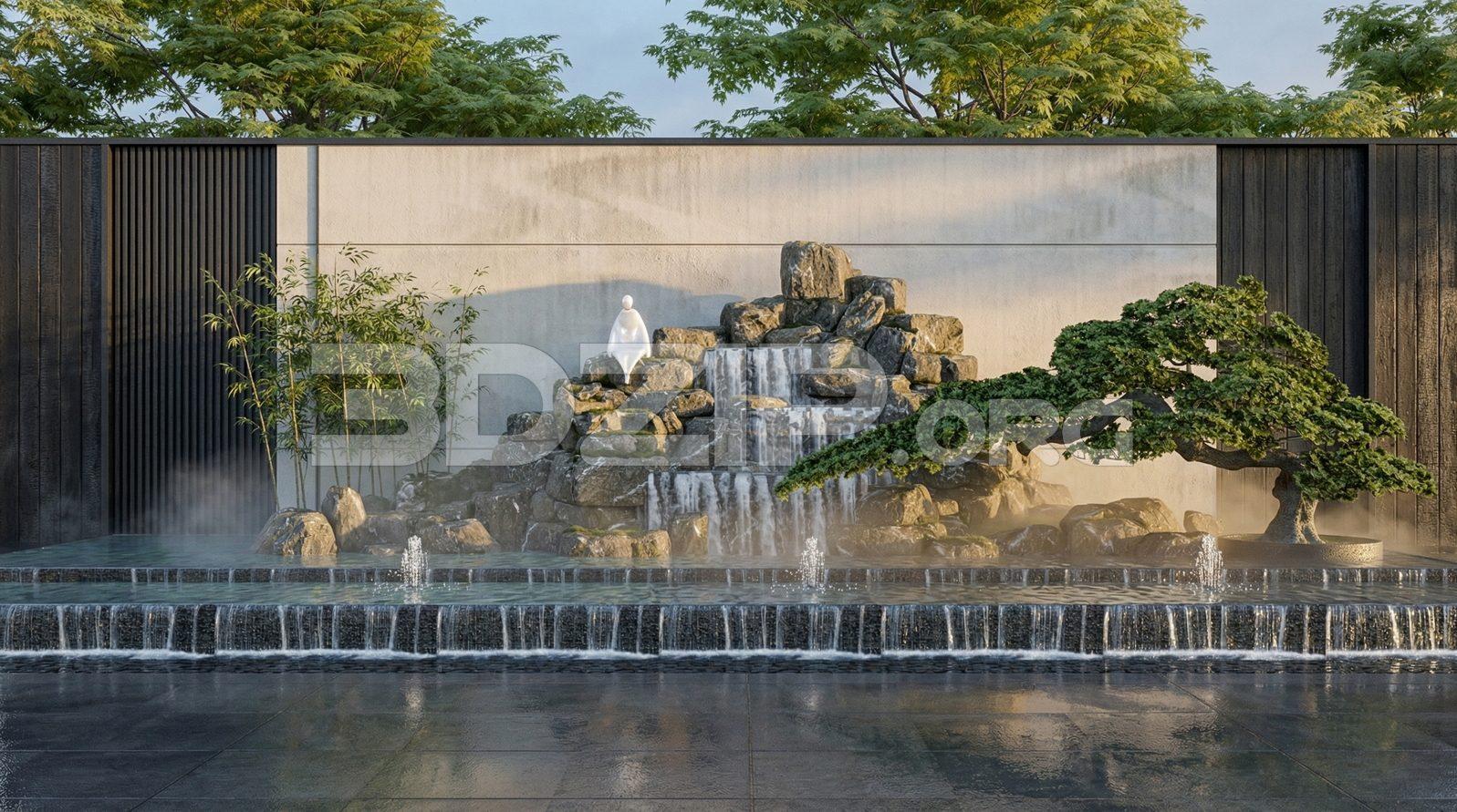 Modern Outdoor Zen Garden with Stone Waterfall and Bonsai Tree – Landscape