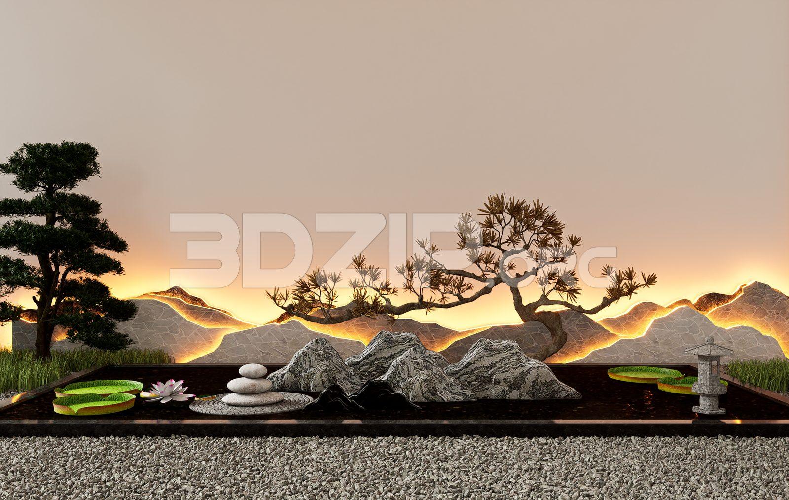 Zen Garden 3D Model – Decorative Stone, Water and Bonsai Tree