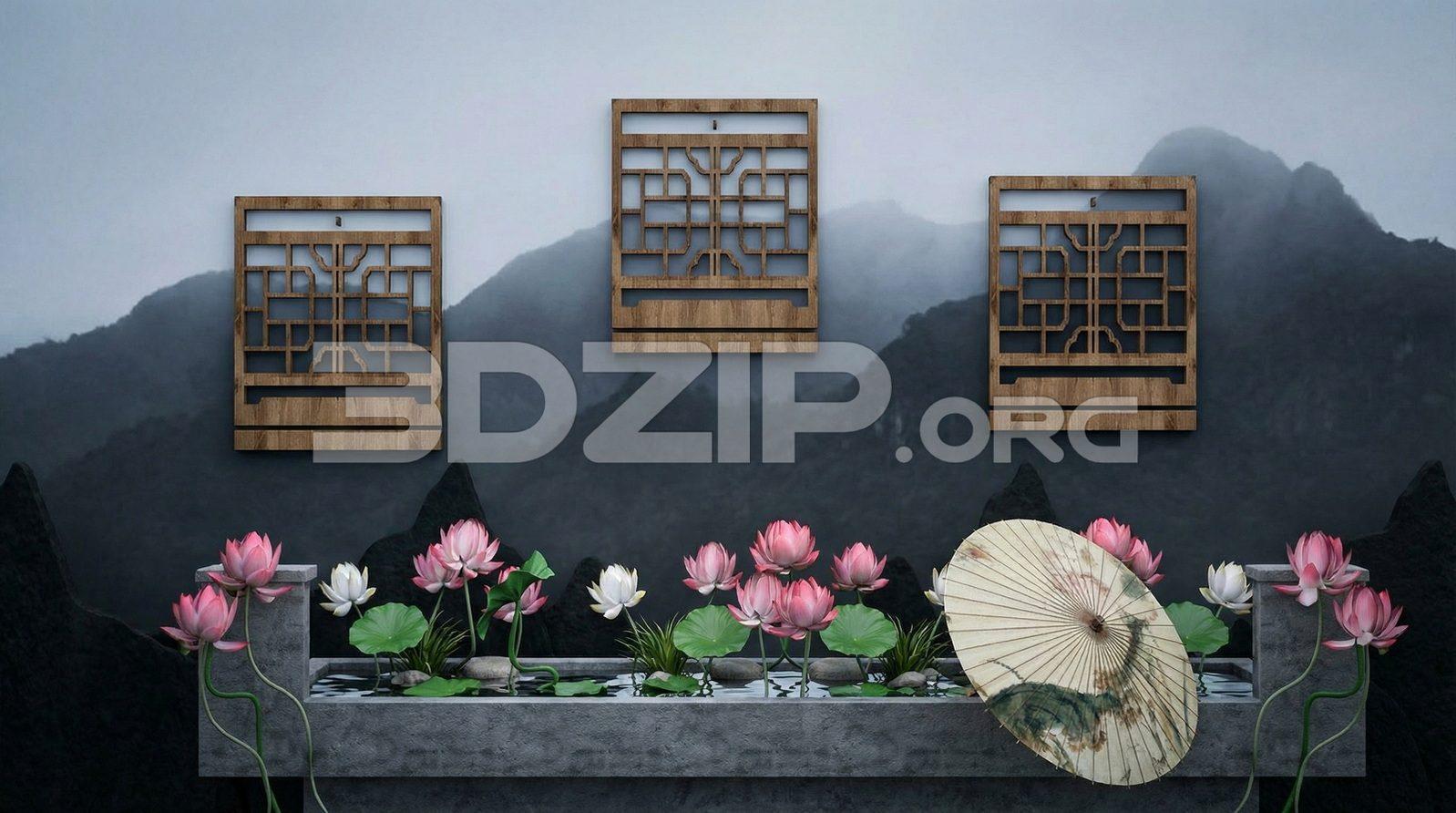 Asian Zen Lotus Pond with Paper Umbrella and Mountain Backdrop – Render