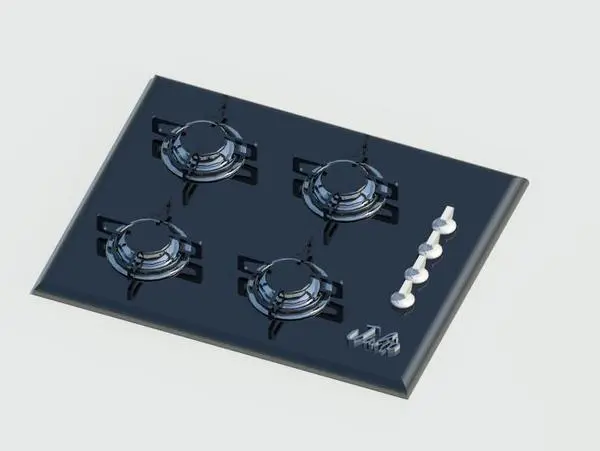 Modern Black Glass 4-Burner Gas Cooktop — isometric perspective view of modern black glass four-burner gas cooktop with side knobs