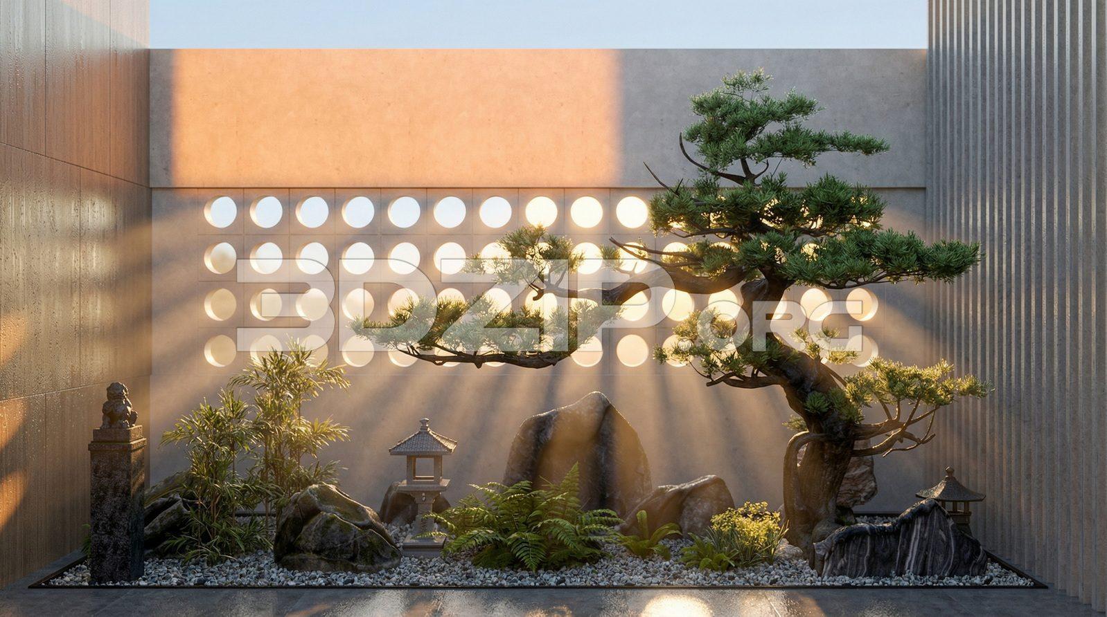 Render of Minimal Japanese Garden with Sunlight and Bonsai Tree