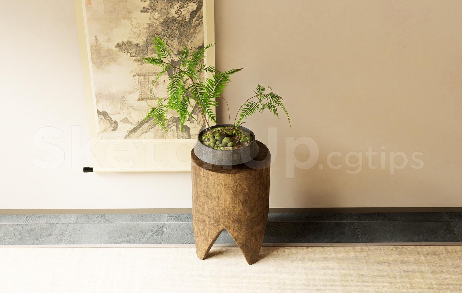 Rustic Wooden Pedestal Plant Stand with Decorative Pot