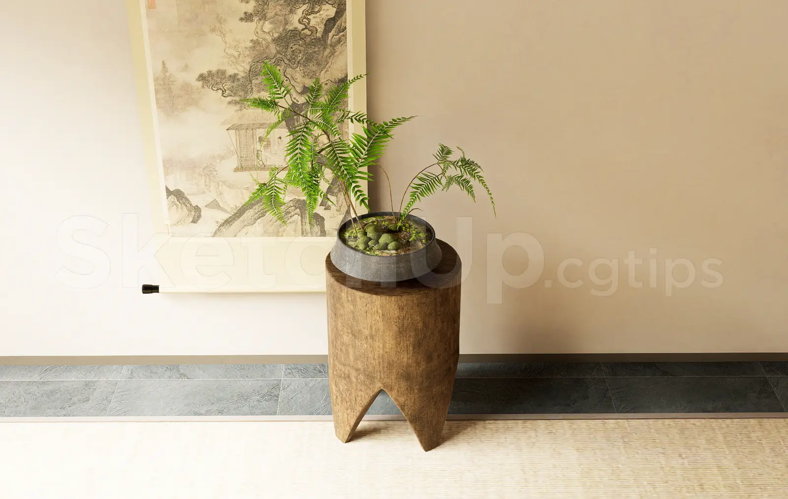 Rustic Wooden Pedestal Plant Stand with Decorative Pot
