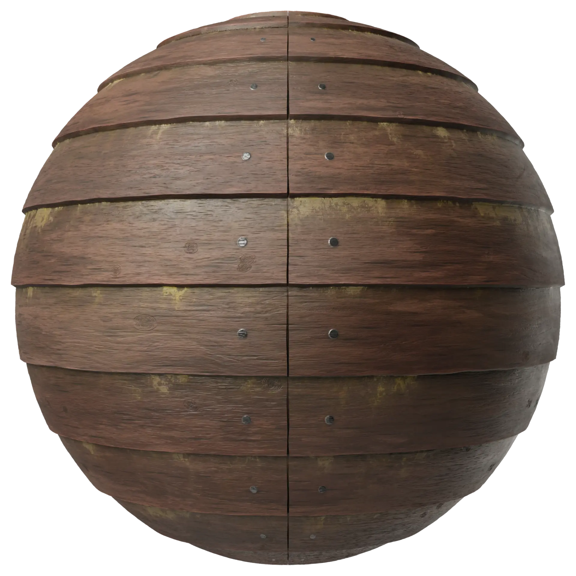 Weathered Brown Timber Siding PBR Texture — spherical preview of weathered brown timber siding with moss and nail details