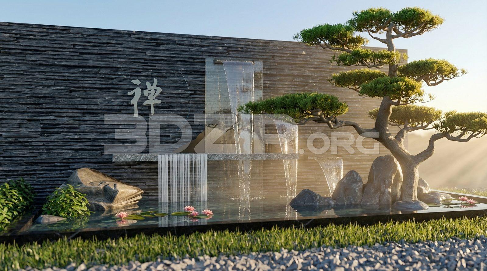 Luxury Zen Garden Waterfall with Stone Texture Wall and Reflecting Pool