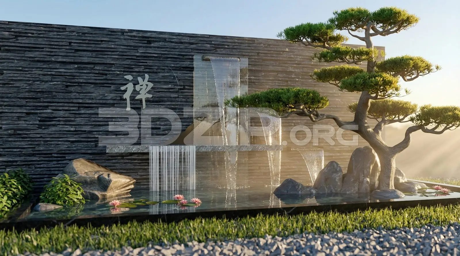 Luxury Zen Garden Waterfall with Stone Texture Wall and Reflecting Pool — preview 1 (3dzip)