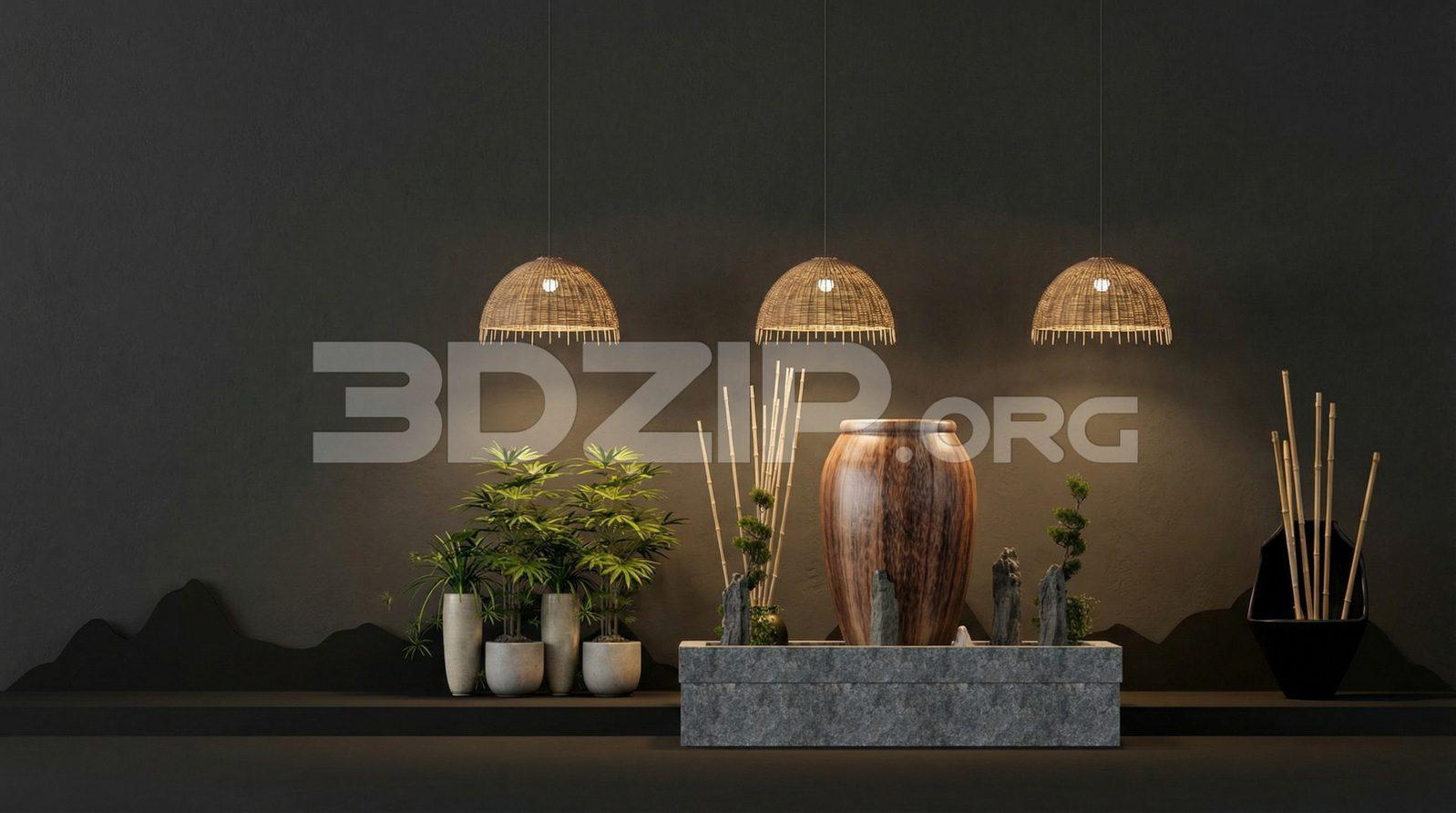 Modern Zen Interior with Bamboo Decor and Warm Lighting – Render