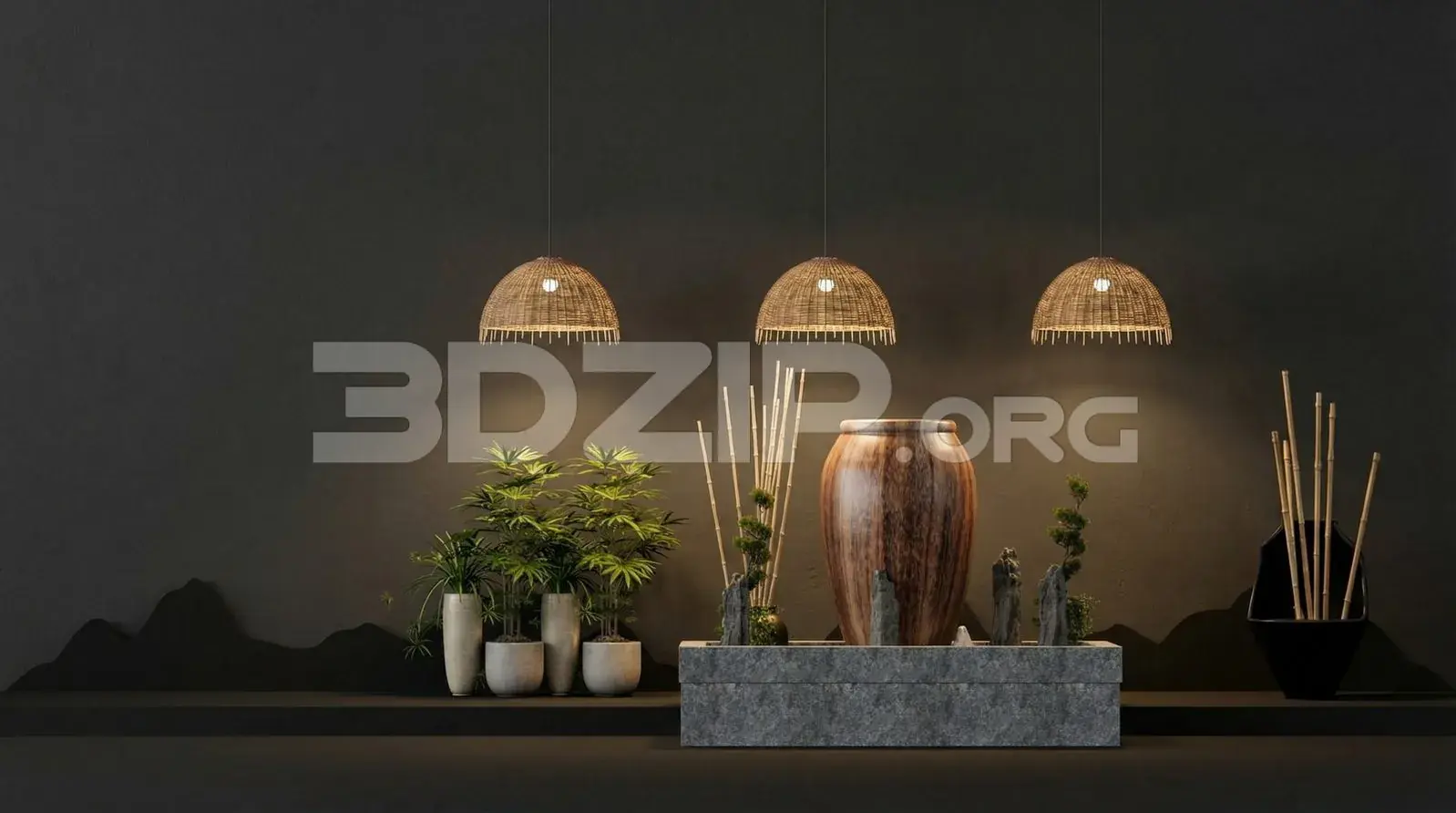 Modern Zen Interior with Bamboo Decor and Warm Lighting – Render