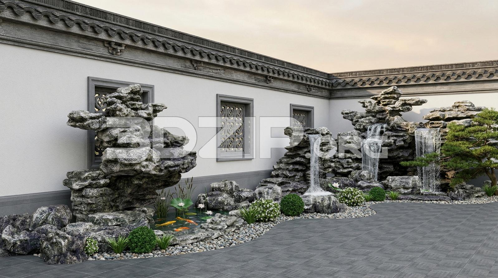 Traditional Asian Garden Waterfall and Koi Pond Architectural Visualization