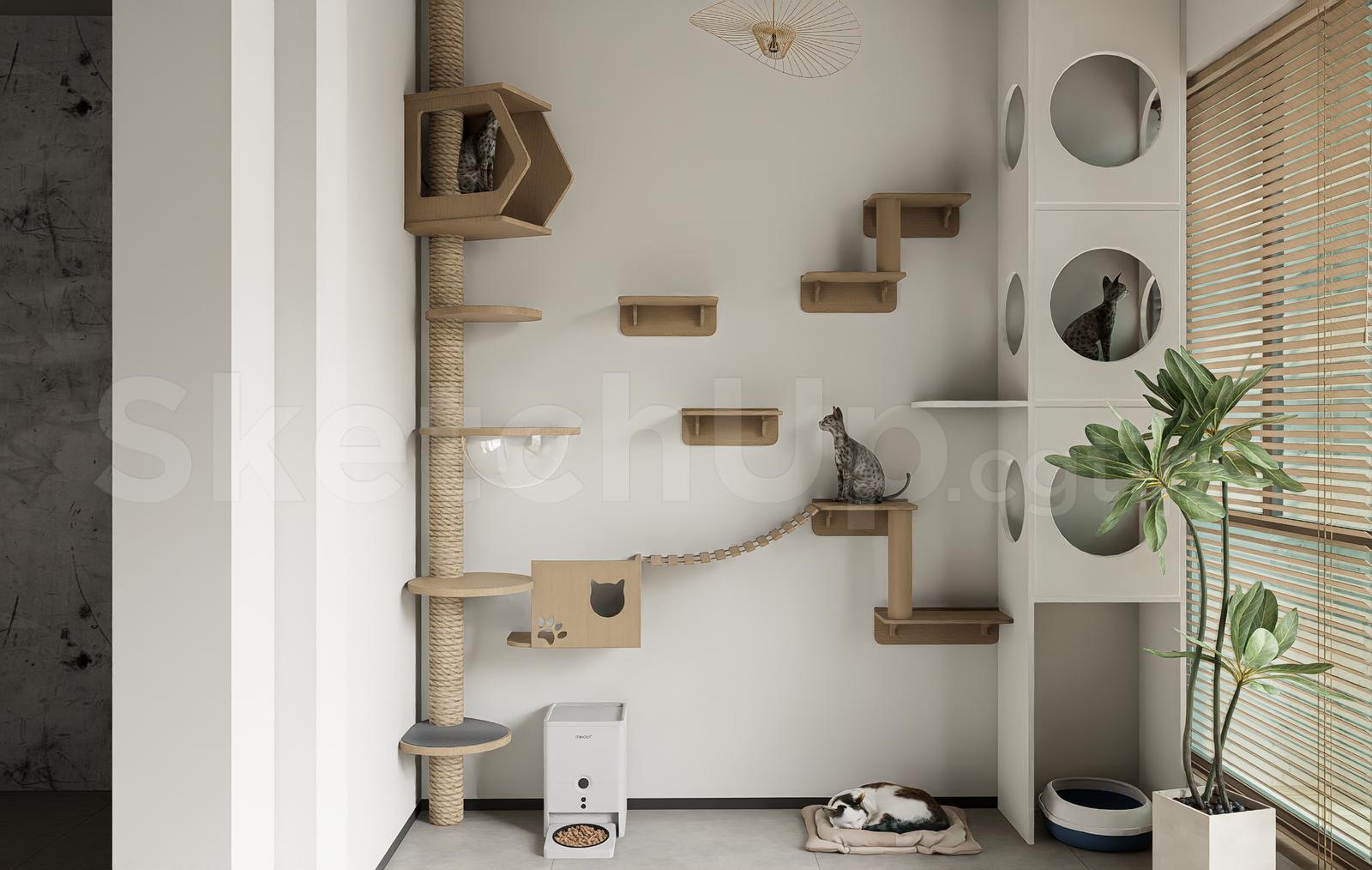 Modern Cat Tree and Wall Shelves SketchUp 3D Model for Interior Design